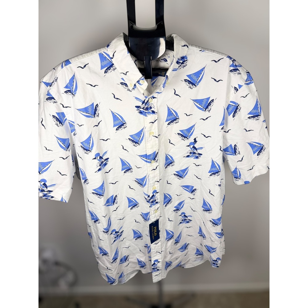 Polo Ralph Lauren Mens Sailboat Polo Bear Print Short Sleeve Shirt White 2TG NWT